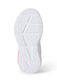 Suola di scarpa in gomma bianca con motivi texture, caratterizzata da accenti rosa e menta, e un logo stampato sul lato per un tocco di dettaglio.