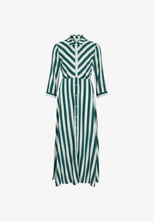 Lang kjole med vertikale grønne og hvite striper, krage, knapper foran og trekvartlange ermer. Laget av myk stoff.