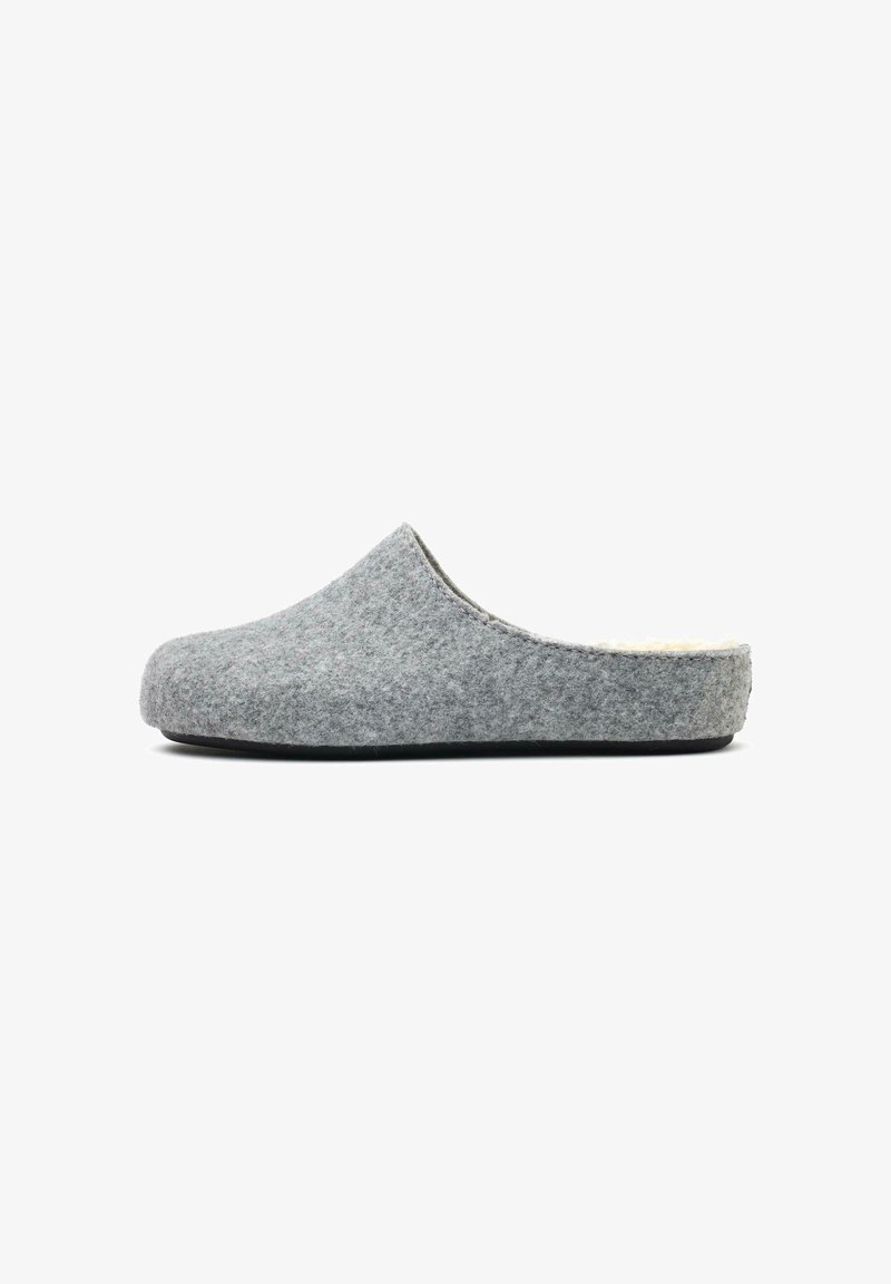 Gray felt slipper with no back, soft interior lining, rounded toe, and a flat black sole. Simple and minimalistic design.