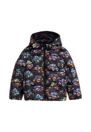 Gepolsterte Jacke mit schwarzem Hintergrund und bunten Monstertruck-Mustern. Das Design umfasst eine Kapuze und einen Reißverschluss vorne.
