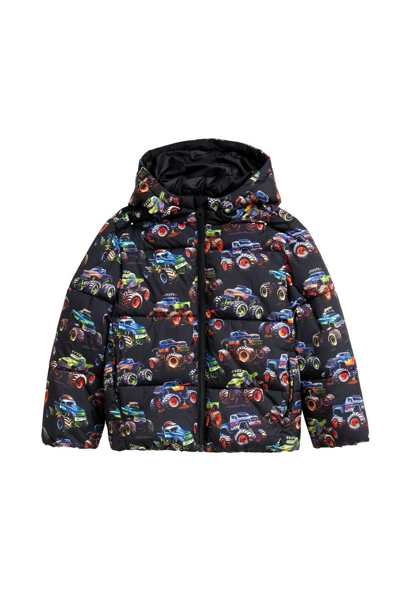 Giacca imbottita con sfondo nero caratterizzata da colorati motivi di monster truck. Il design include un cappuccio e una chiusura frontale con zip.