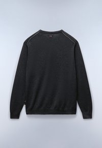 Pull noir à manches longues avec une finition texturée, col rond et coutures contrastantes aux épaules. Comprend un petit logo à l'arrière du col.