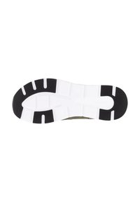 Semelle de chaussure avec une intercalaire blanche et un extérieur en caoutchouc noir texturé, divisé en sections avec des rainures pour l'adhérence et la flexibilité.