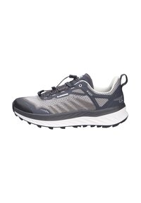 Leichter Trailrunning-Schuh in Dunkelgrau mit reflektierendem Mesh-Obermaterial, Gummikappe an der Zehe und weißer Zwischensohle. Verfügt über ein schnelles Schnürsystem und eine strukturierte Sohle.