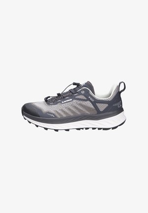 Lightweight trail running shoe in dark gray with reflective mesh upper, rubber toe cap, and white midsole. Features quick-lacing system and textured sole.