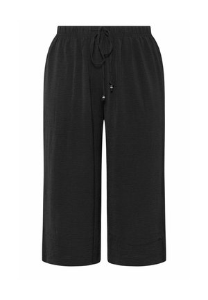 Zwarte, loszittende cropped broek met elastische tailleband en trekkoord met metalen kralen als accenten.