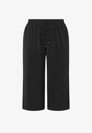 Schwarze, locker sitzende, verkürzte Hose mit elastischem Bund und Kordelzug, verziert mit Metallperlen.