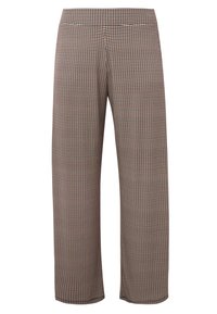 Bruine en crèmekleurige geblokte broek met een losse pasvorm, breed pijpontwerp en elastische tailleband. Heeft een textuur in de stof.