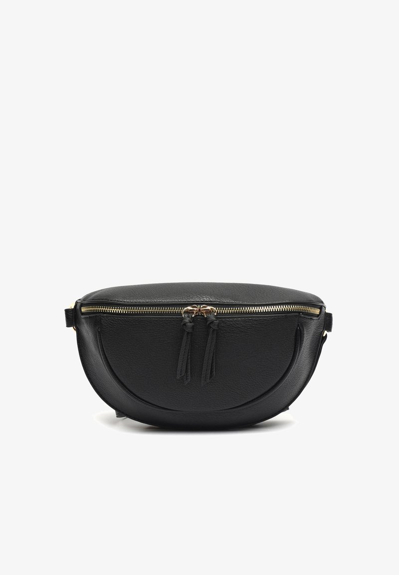 Riñonera de cuero negro con cremallera dorada y dos tiradores de cremallera, bolsillo frontal curvo y correa ajustable sobre fondo blanco.