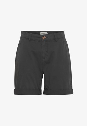 Schwarze Baumwollshorts mit Knopfverschluss, flacher Vorderseite und umgeschlagenen Saum. Sie besitzen zwei Vorder Taschen und einen klassischen Schnitt.