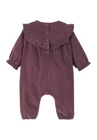 Purple corduroy romper with ruffled neckline, long sleeves, and elasticized cuffs. Features six button fastenings at the back.