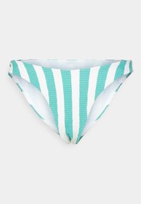 Fundo de biquíni listrado em teal e branco, com material texturizado, design de cintura baixa e bordas sem costura para um ajuste suave.