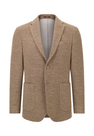 Béžový jednopřesně šitý blazer s dvěma předními našitými kapsami, jednou náprsní kapsou a klopovým límcem.