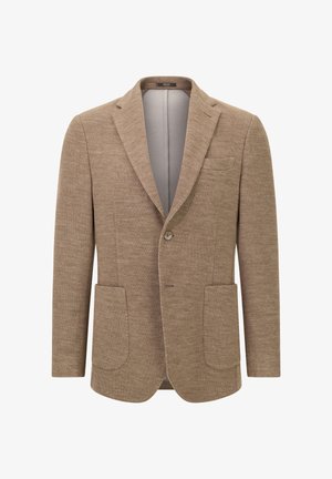 Béžový jednopřesně šitý blazer s dvěma předními našitými kapsami, jednou náprsní kapsou a klopovým límcem.