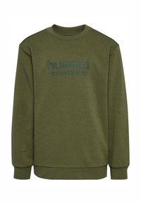 Grüner Sweatshirt aus weichem Material mit Rundhalsausschnitt und gerippten Bündchen. Prägiertes "hummel sportswear"-Logo in passender Farbe.