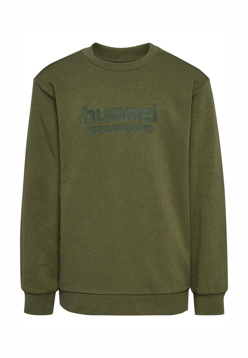 Grüner Sweatshirt aus weichem Material mit Rundhalsausschnitt und gerippten Bündchen. Prägiertes "hummel sportswear"-Logo in passender Farbe.