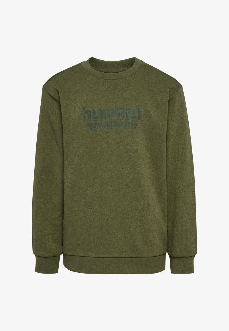 Groene sweatshirt van zacht materiaal met een ronde hals en geribbelde manchetten. Geprofileerd logo "hummel sportswear" in bijpassende kleur.