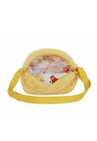 Sac d'épaule en peluche jaune avec un extérieur doux, fermeture éclair, intérieur à motifs avec des dessins d'animaux, sangle réglable.