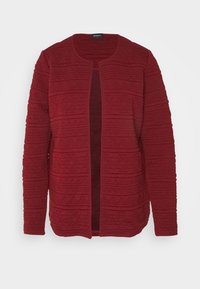 Cárdigan texturizado rojo con cuello redondo y abertura frontal; presenta patrones horizontales y triangulares; mangas largas con detalle acanalado.