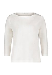 Haut blanc à manches longues avec un col bateau, fabriqué en tissu doux. Présente un accent logo discret à l'ourlet. Texture lisse et design classique.