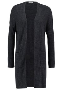 Cardigan lungo grigio scuro a coste con apertura frontale e due tasche anteriori, realizzato in un tessuto morbido e testurizzato.