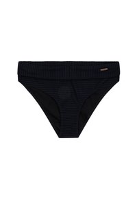 Parte inferiore di bikini nera con una texture a costine, caratterizzata da una vita larga e aperture per le gambe lisce. Piccolo dettaglio del marchio in oro rosa.