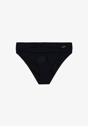 Mustat bikinit, joissa on uritettu pinta, leveällä vyötäröllä ja sileillä lahkeilla. Pieni brändiakcentti ruusukultaisena.