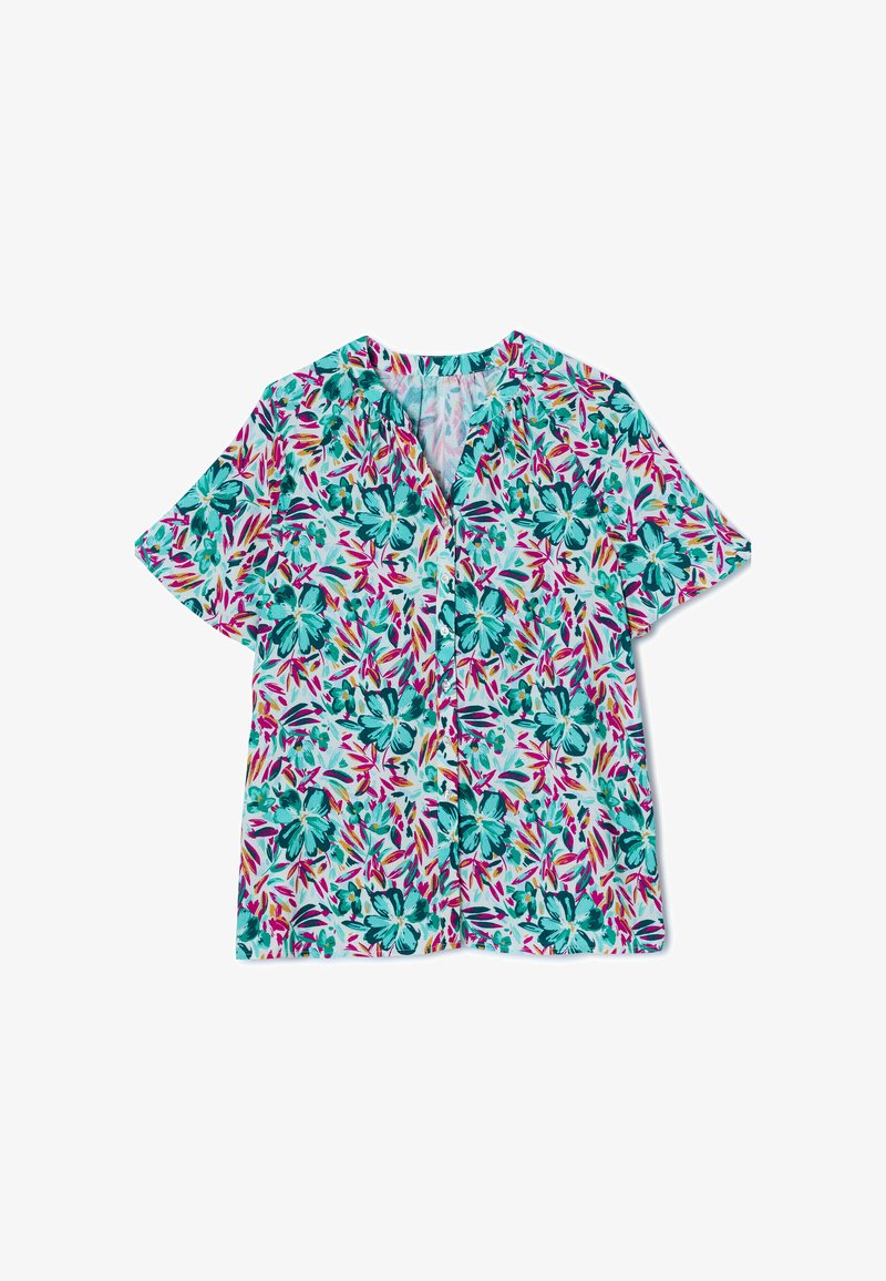 Chemise à manches courtes avec boutons, motif floral turquoise et rose sur fond clair, présentée à plat sur une surface blanche.