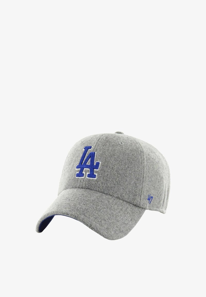 Graue Filzkappe mit gebogenem Schirm, ausgestattet mit einem blauen, gestickten "LA"-Logo auf der Vorderseite und einem kleinen "47"-Logo an der Seite.