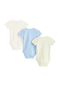 Trois bodies à manches courtes en coton blanc, bleu clair et vert clair. Présentent un col rond, une fermeture à boutons-pression à l'arrière et une texture lisse.