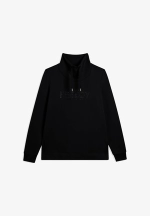 Felpa nera con colletto alto, maniche lunghe e logo frontale "FREDDY" in pattern contornato. Tessuto liscio e vestibilità regolare.
