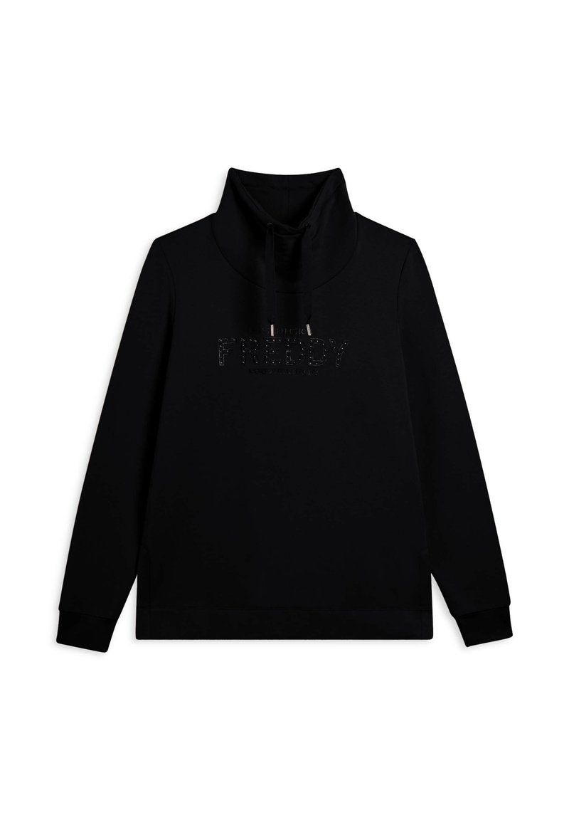 Sudadera negra con cuello alto, mangas largas y logo frontal "FREDDY" en patrón contorneado. Textura suave y corte regular.