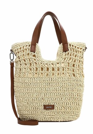 Šviesiai ruda austinė rankinė su rudos odos rankenomis ir nuimamu petnešu, priekyje esanti maža prekės ženklo etiketė.