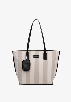 Borsa a tracolla a righe verticali beige e grigie con manici neri e una piccola pochette nera con zip attaccata sul davanti.