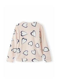 Camisa de manga larga de color rosa claro con formas de corazones blancos contorneados en negro, grandes y pequeños, dispersos, vista desde la parte de atrás.