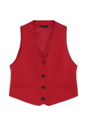 Red sleeveless vest with a deep V-neck, five black buttons, and two front pockets. Made of smooth fabric with a tailored fit.