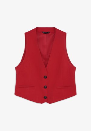 Red sleeveless vest with a deep V-neck, five black buttons, and two front pockets. Made of smooth fabric with a tailored fit.