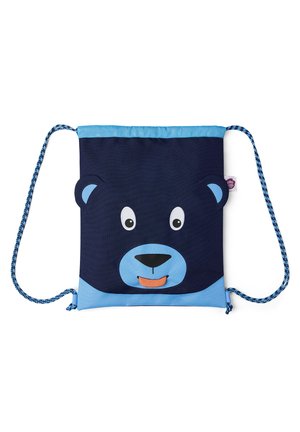 Drawstring bag featuring a bear face design, dark blue fabric with light blue accents, and a textured finish; braided straps.
