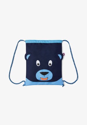 Zugbeutel mit Bärenkopf-Design, dunkelblauter Stoff mit hellblauen Akzenten und strukturiertem Finish; geflochtene Träger.