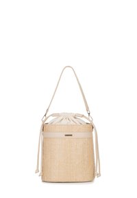 Borsa a secchiello rotonda in materiale beige texturizzato, con chiusura a coulisse, parte superiore in tessuto morbido e tracolla removibile.