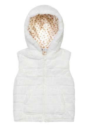 Chaleco sin mangas de piel sintética blanca con capucha, cremallera frontal y forro beige con lunares marrones.