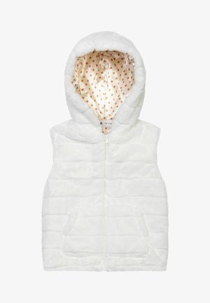 Gilet senza maniche in pelliccia sintetica bianca con cappuccio, cerniera frontale e fodera beige con pois marroni.