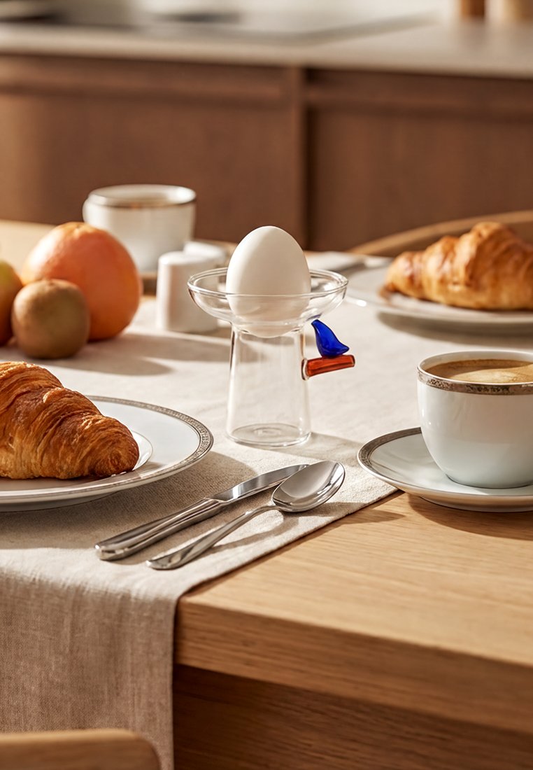 Jajko na twardo w szklanym pojemniku, rogaliki na talerzach, filiżanka kawy, łyżka i nóż na lnianym obrusie z owocami w tle.