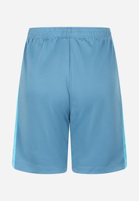Pantalones cortos deportivos de color azul claro, hechos de una tela suave, que cuentan con una cómoda cinturilla elástica y acentos laterales en aqua contrastantes.