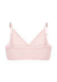 Bh met een zachte roze kleur, voorzien van kant langs de randen, verstelbare satijnen schouderbanden en een geribbelde structuur op de band.
