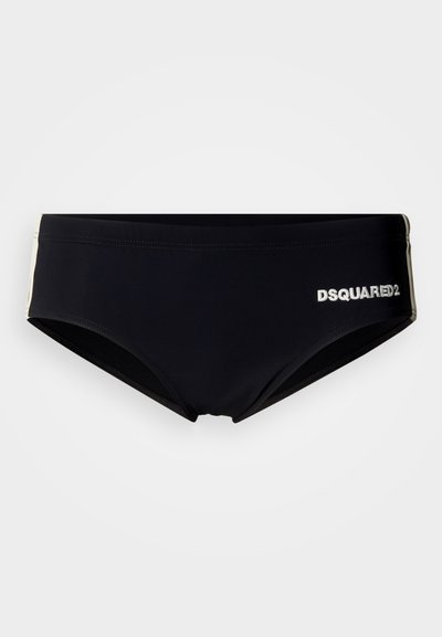 Schwarze Badehose aus glattem Stoff mit niedrigem Bund. Mit weißem "DSQUARED2"-Logo an der Seite und Kontrastnähten.
