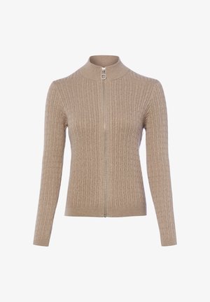 Beiger, kabelgestrickter Pullover mit Reißverschluss, langen Ärmeln und rundem Reißverschluss-Zug, mit figurbetonter Silhouette sowie geripptem Kragen und Saum.