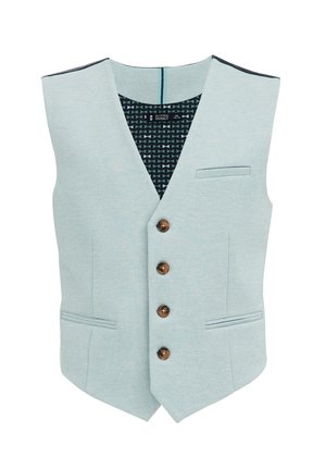 Gilet homme bleu clair sur mesure avec quatre boutons marron, trois poches avant et une doublure intérieure noire à motifs.