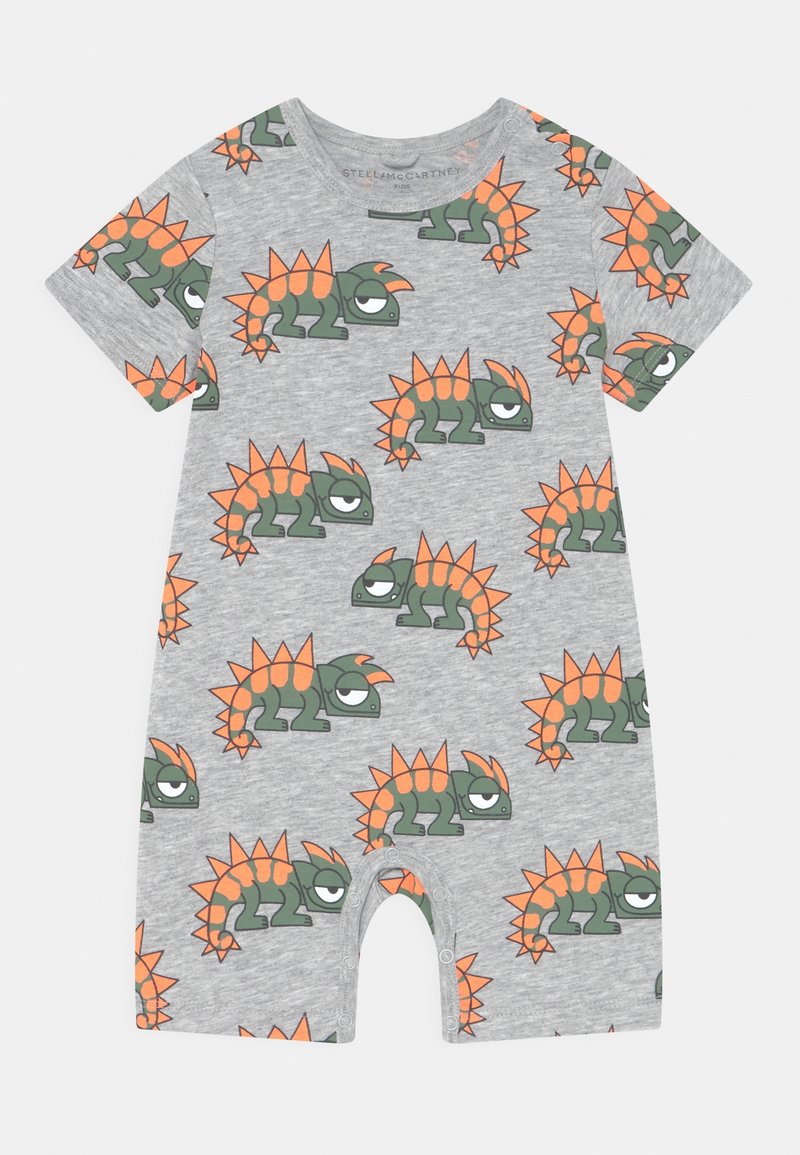 Grijze katoenen romper met korte mouwen, versierd met een speels dinosauruspatroon in groen en oranje. Drukknoopsluiting aan de onderkant voor gemakkelijke aankleedmogelijkheden.
