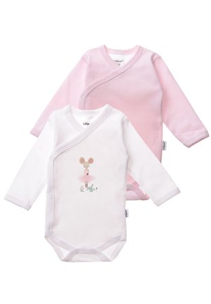 Zwei langärmlige Bodysuits: einer mit pinken Streifen, der andere weiß mit einem Design einer Maus im Tutu. Hergestellt aus weicher Baumwolle mit Druckknopfverschlüssen.
